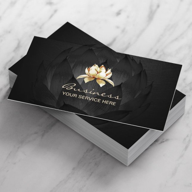 Guld Lotus Logotyp Elegant Black Blommigt Visitkort (Skapare uppladdad)