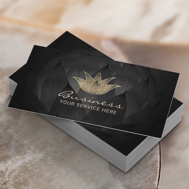 Guld Lotus Logotyp Elegant Black Blommigt Yoga Spa Visitkort (Skapare uppladdad)