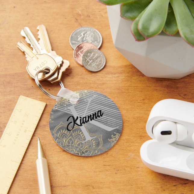 Guld Lotus Mandala Glittery Monogram Nyckelring (Skrivbord)