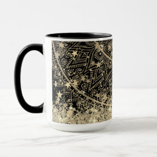 Guld Lotus Mandala Guld Stars Glitter på Black Mugg