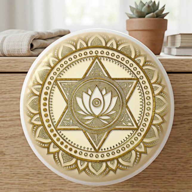 Guld Lotus Mandala Helig Geometri Knopp (Ceramic knob features a gold mandala design with a lotus flower and a sacred geometry hexagram)