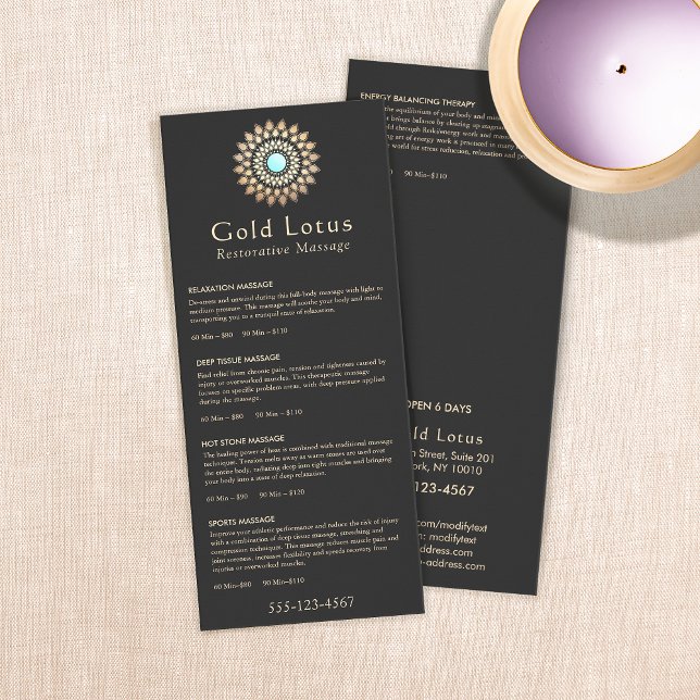 Guld Lotus Massage Therapist Pris List Menu Reklamkort (Skapare uppladdad)
