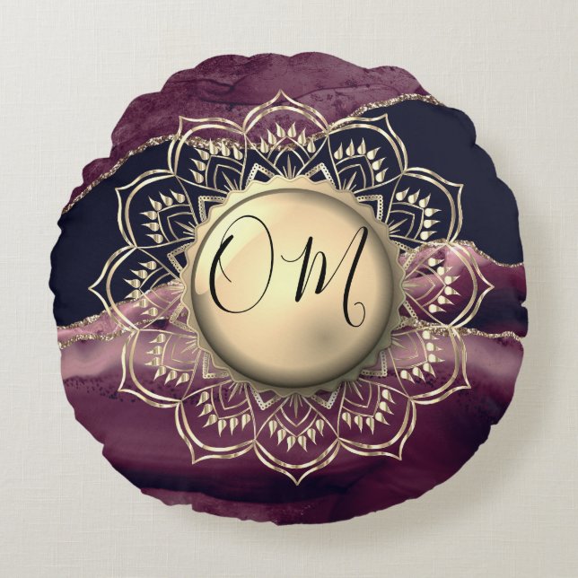 Guld Lotus OM Mandala Lila Agate Rund Kudde (Framsidan)