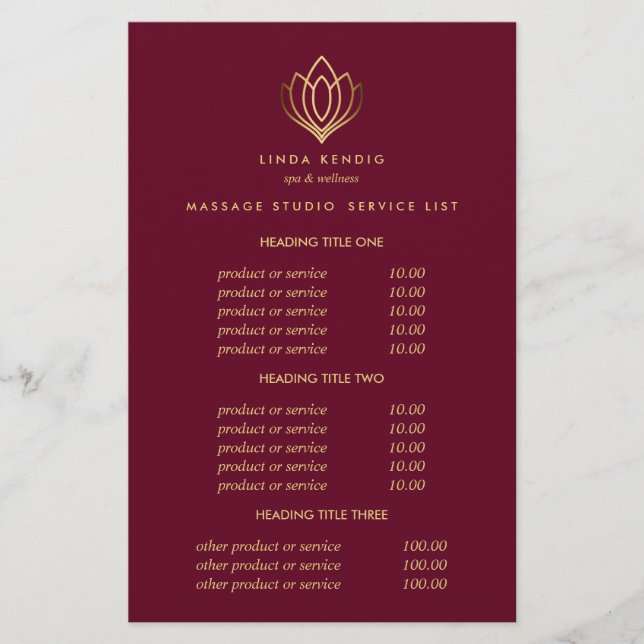 Guld Lotus Ruby Spa & Massage Pricing & Services Flygblad (Framsidan)