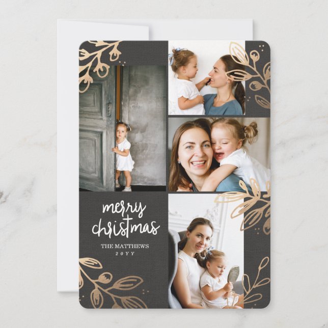 Guld Löv 4-fotokort för Helgdag Julkort (Framsida)