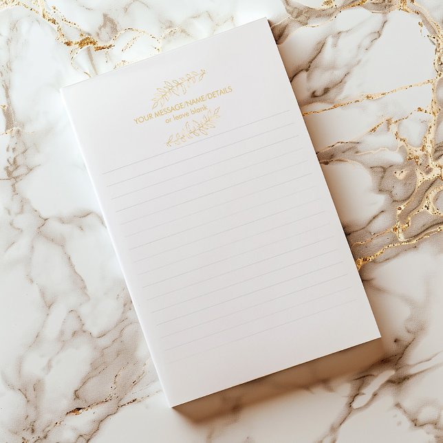 Guld löv, anteckningsblock invändigt i guld (Minimalist lined notepad with gold botanical header and space for a custom message.)