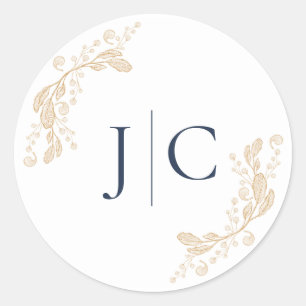 Guld Löv Botanical Bröllop Initial Sticker Runt Klistermärke