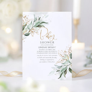 Guld Löv Eucalyptus Greenery Cute Baby Shower Inbjudningar
