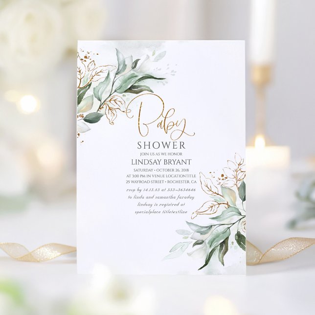 Guld Löv Eucalyptus Greenery Cute Baby Shower Inbjudningar (Elegant Greenery Baby Shower Invitation)