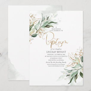 Guld Löv Eucalyptus Greenery Cute Baptism Inbjudningar