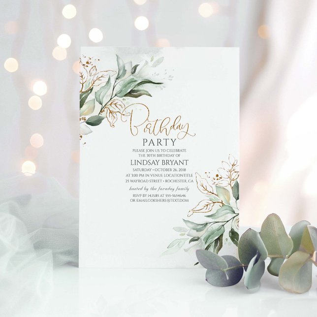 Guld Löv Eucalyptus Greenery Cute Birthday Inbjudningar (Greenery Birthday Invitation)