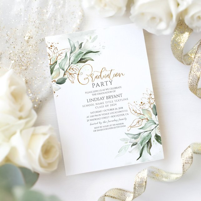 Guld Löv Eucalyptus Greenery Cute Studenten Inbjudningar (Boho Greenery Graduation Party Invitation)