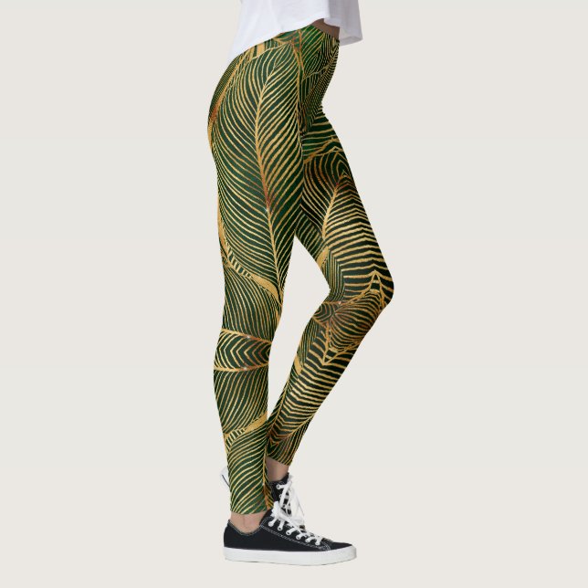 Guld Löv Forest Grönt Elegant Mönster Leggings (Höger)