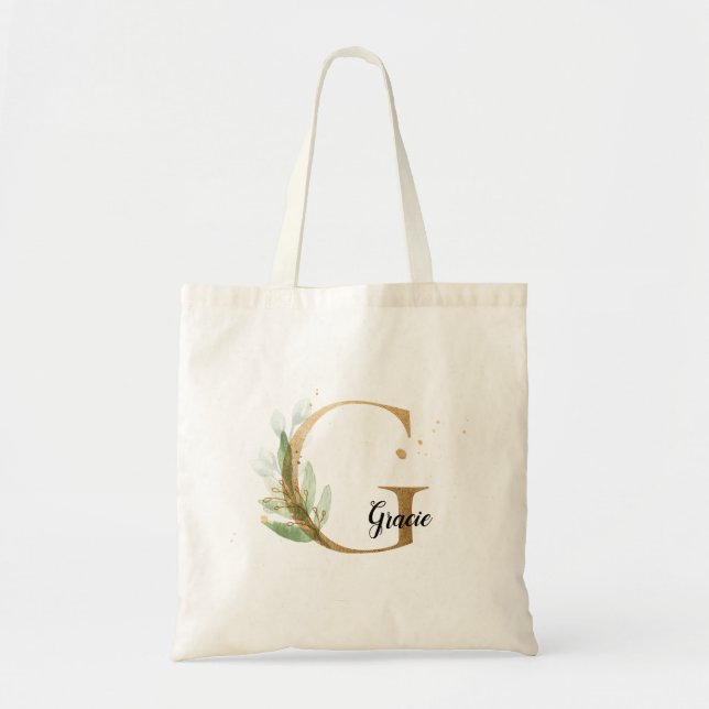 Guld Löv Greenery Elegant Foliage Monogram G Tote Tygkasse (Framsidan)