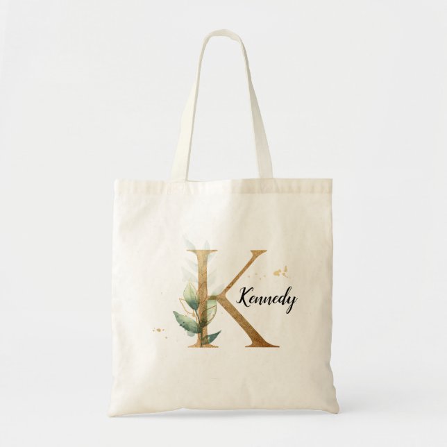 Guld Löv Greenery Elegant Foliage Monogram ’K’ Tygkasse (Framsidan)