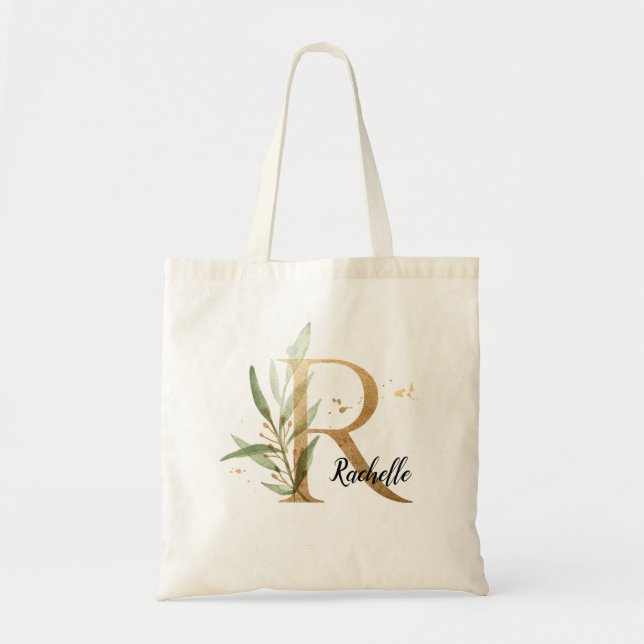Guld Löv Greenery Elegant Foliage Monogram ’R’ Tygkasse (Framsidan)