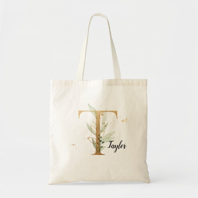 Guld Löv Greenery Elegant Foliage Monogram ’T’ Tygkasse (Framsidan)