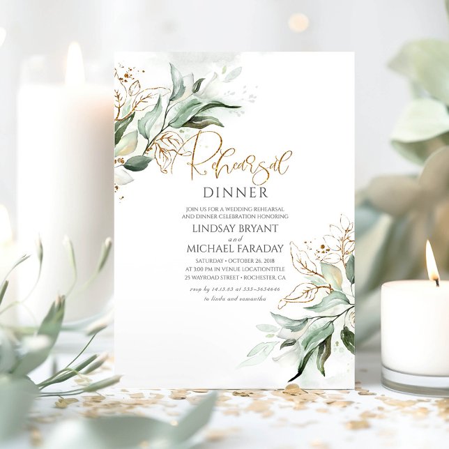Guld Löv Greenery Elegant Rehearsal Dinner Inbjudningar (Greenery Rehearsal Dinner Invitations)