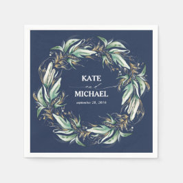 Guld Löv Greenery Navy Blue Bröllop Pappersservett