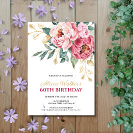 Guld Löv Greenery Red Rosa Peony Birthday Inbjudningar