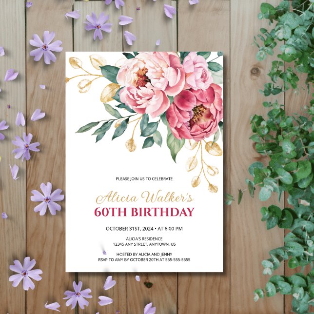Guld Löv Greenery Red Rosa Peony Birthday Inbjudningar (Skapare uppladdad)