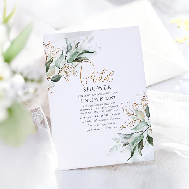 Guld Löv Greenery Romantic Cute Möhippa Inbjudningar (Eucalyptus Leaves Romantic Bridal Shower Invitation)