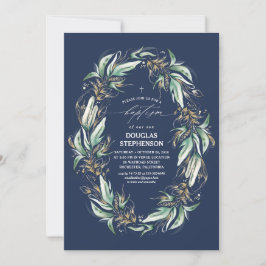 Guld Löv Greenery Wandebewung Blue Baptism Inbjudningar