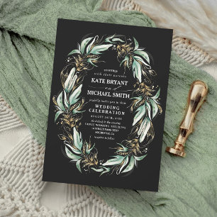 Guld Löv Greeny WandeBlack Modern Bröllop Inbjudningar