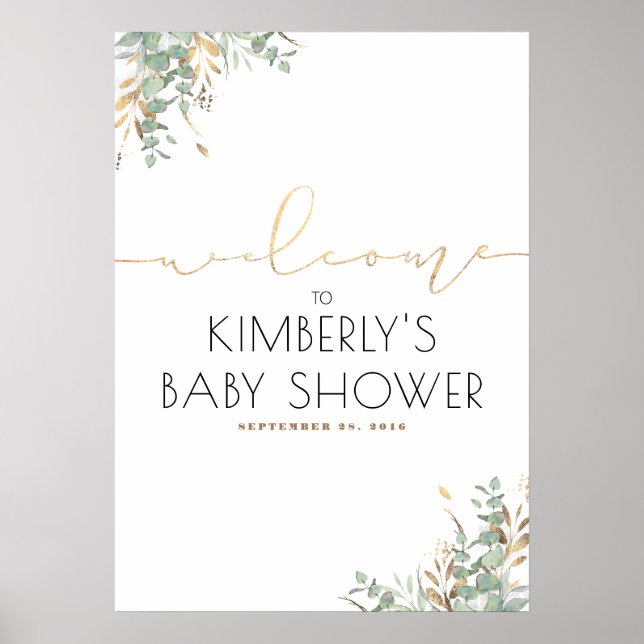 Guld Löv Grey Elegant Baby Shower Välkommen Poster (Framsidan)