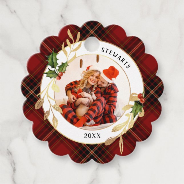 Guld Löv, Holly och Photo på julen Tartan Gåvor Etiketter (Framsida)