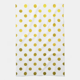 Guld Löv Metallisk faux Foil Small Polka Dot White Kökshandduk