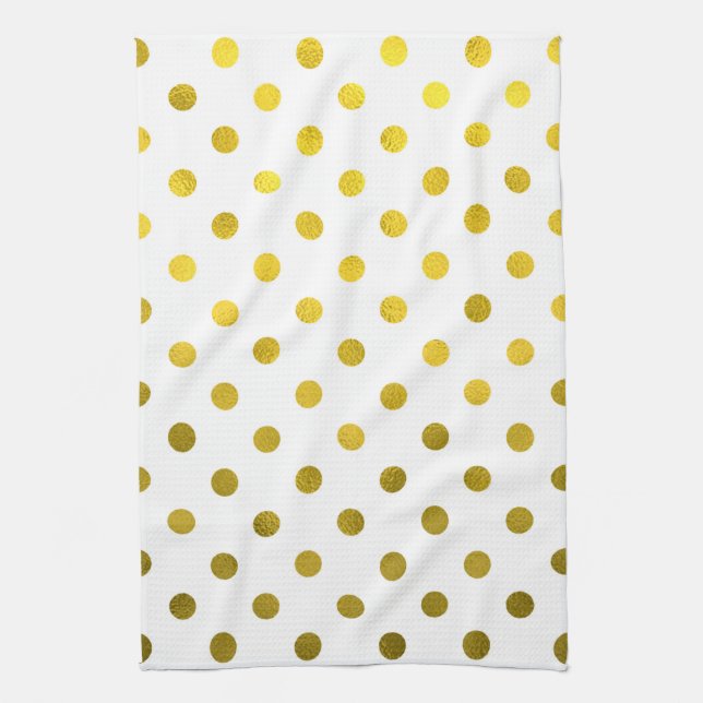 Guld Löv Metallisk faux Foil Small Polka Dot White Kökshandduk (Vertikal)