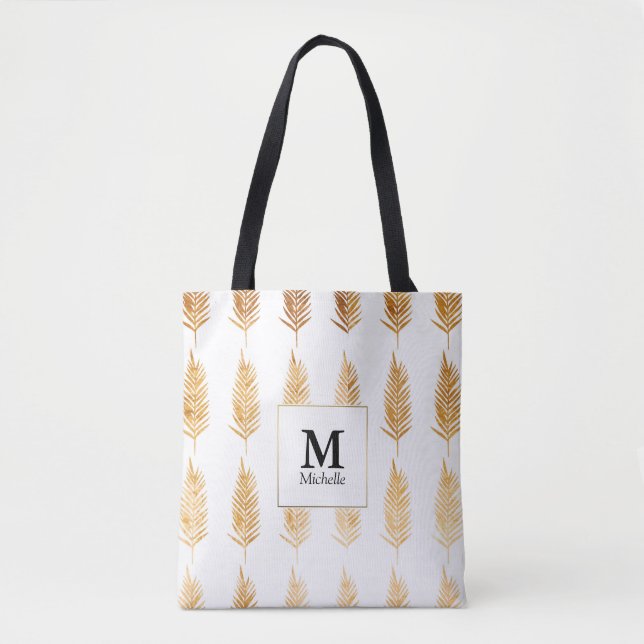 Guld Löv Mönster Monogram Tote Bag Tygkasse (Framsida)
