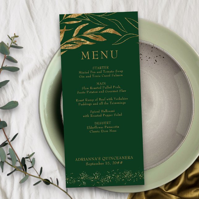 Guld Löv och Konfetti Emerald Grönt Meny (Emerald Green and Gold Menu from my Gold Leaf Quinceanera Collection)