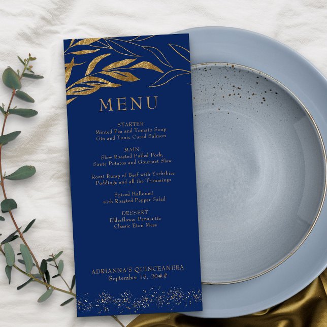 Guld Löv och Konfetti Royal Blue Meny (Royal Blue Menu from my Gold Leaf Quinceanera Collection)