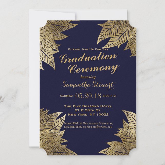 Guld Löv om Ceremonin i Studenten vid marinblått Inbjudningar (Framsida)