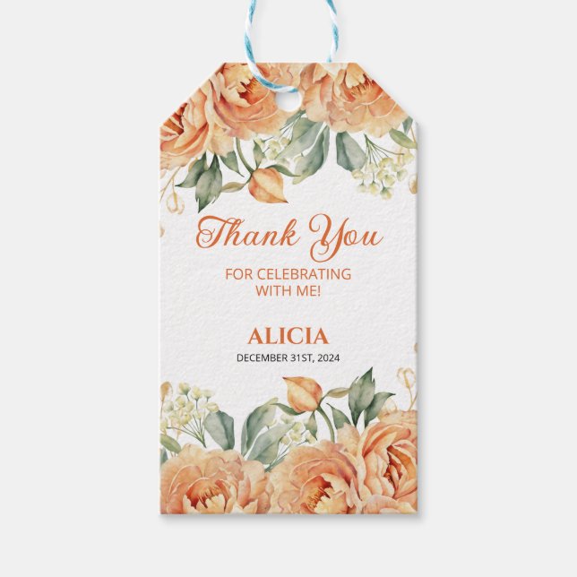 Guld Löv Orange Peony Rustic Blommigt Birthday Presentetikett (Framsidan)