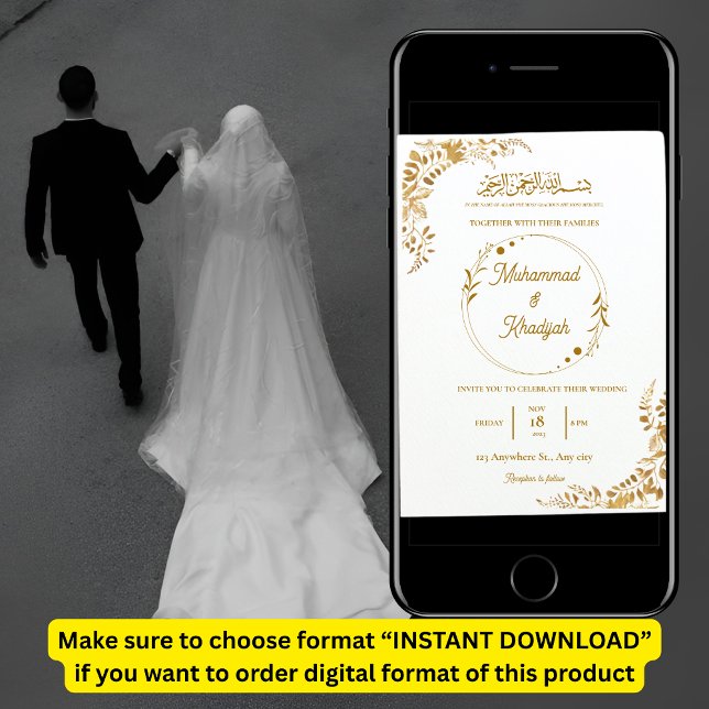 Guld Löv Ornate Muslim Bröllop Nikah Walima Inbjudningar (Skapare uppladdad)