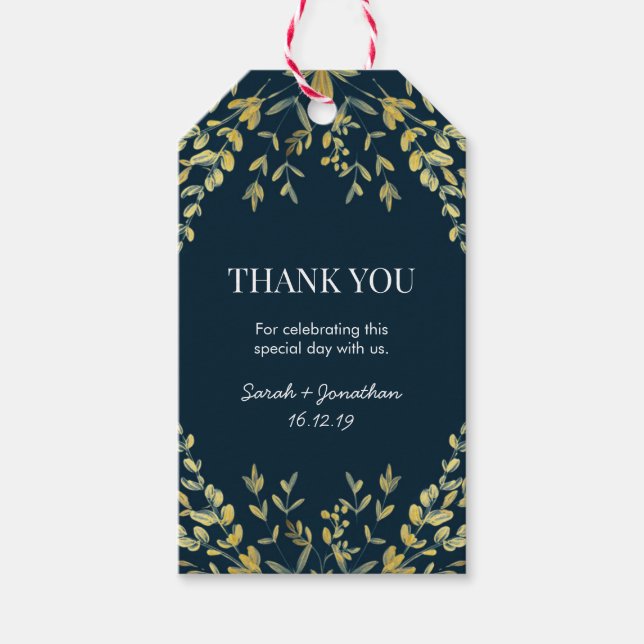 Guld Löv på Bröllop Tack märkre Presentetikett (Framsidan)