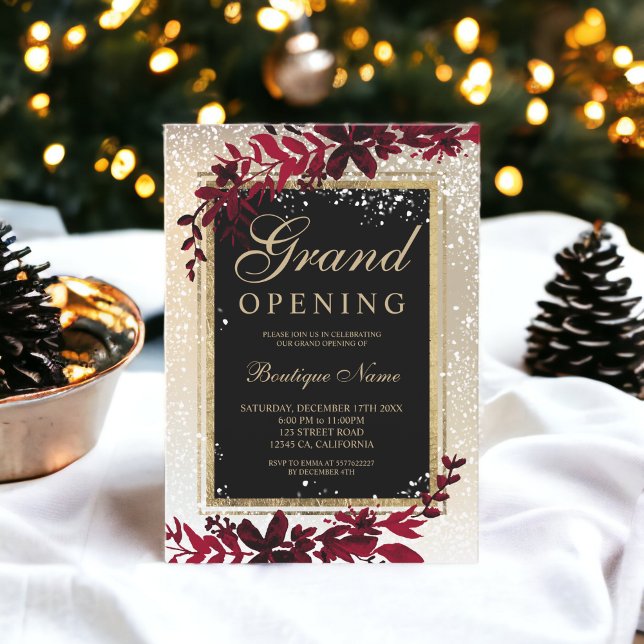 guld löv snö elegant - högtidlig julhögtid i  inbjudningar (gold leaf snow elegant red Christmas grand opening Invitation)