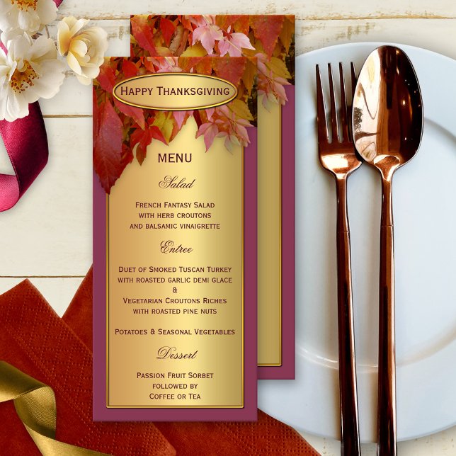 Guld Löv Thanksgiving - menyn Fallmiddag Meny (Elegant autumn dinner menu template card featuring a gold printed design with colorful fall leaves)