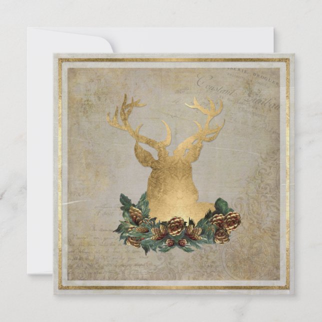 Guld Löv Titta på Hjort Antlers jul Party Inbjudningar (Framsida)