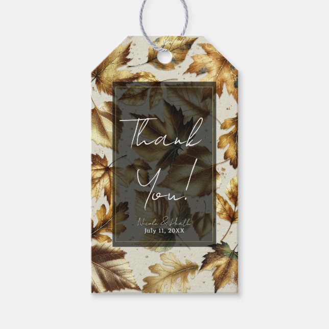 Guld Lövs Almond Beige & Black Glam Fall Wedding Presentetikett (Framsidan)