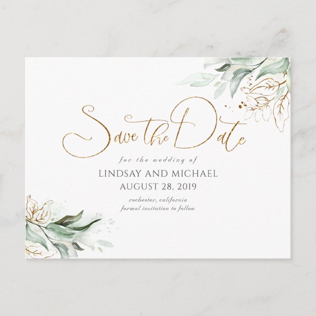 Guld Lövs Greenery Spara datum Vykort (Framsida)