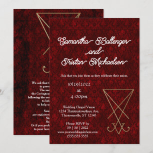 Guld Lucifer Sigil om Red Damask Satanic Bröllop Inbjudningar