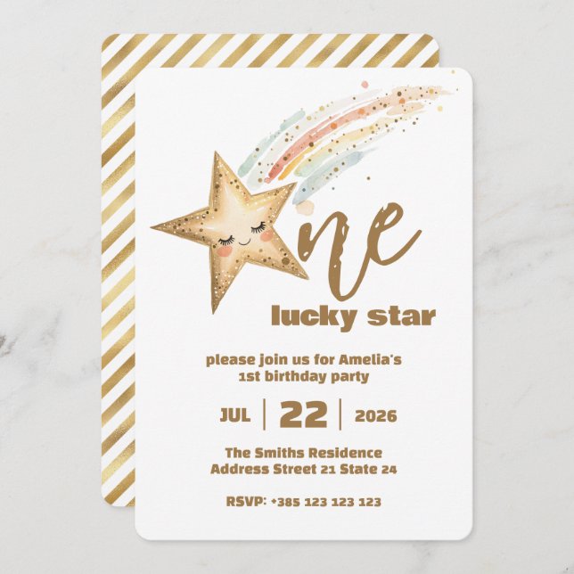 Guld Lucky Star 1:a födelsedagsinbjudan Inbjudningar (Fram/baksida)