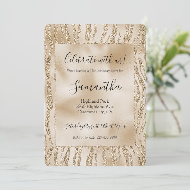 Guld Luxe Glitter Zebrarandom Sweet 16 Inbjudningar (Stående Fram)