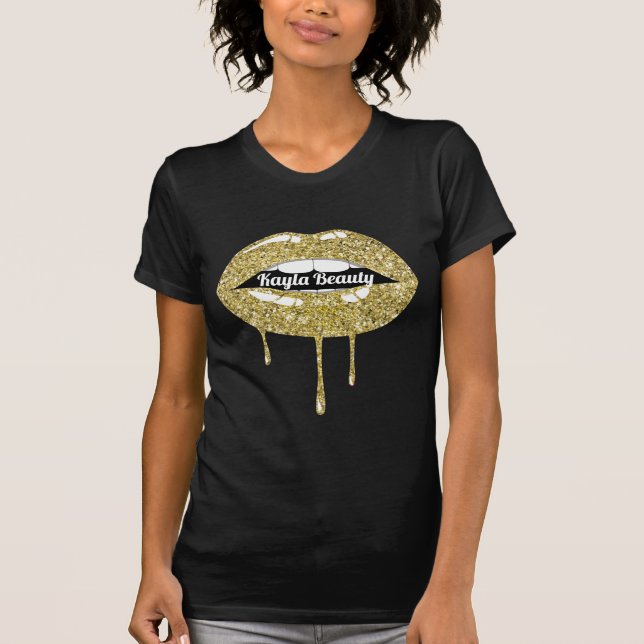Guld Luxury Beauty Glam Glitter Drip Läppar T Shirt (Framsida)