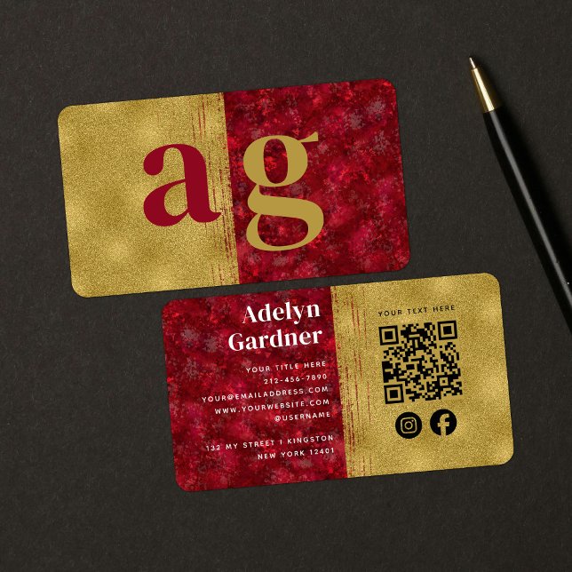 Guld Luxury Ruby Monogram QR Code Social Media Visitkort (Skapare uppladdad)