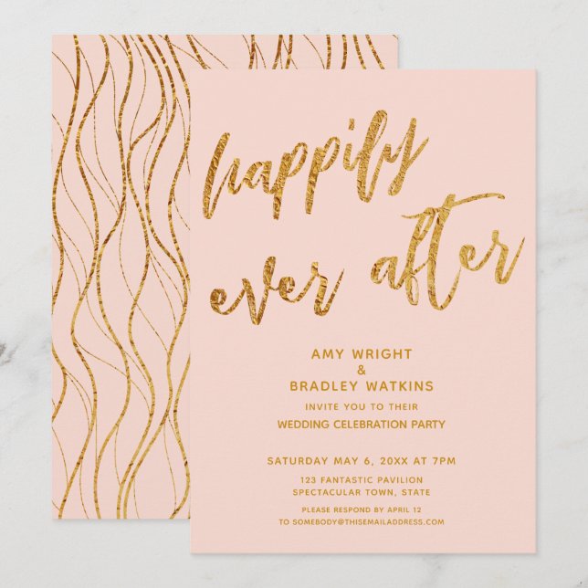 Guld Lyckliga Slutet Rödfärgad Bröllopsfest Inbjudningar (Fram/baksida)
